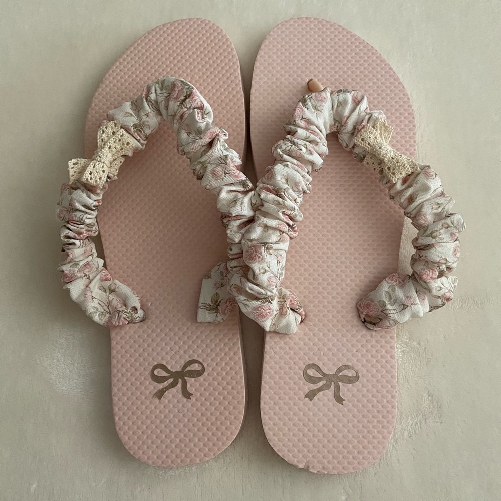 Love Shack Fancy Vibes Floral Pink Ruffled Sandals